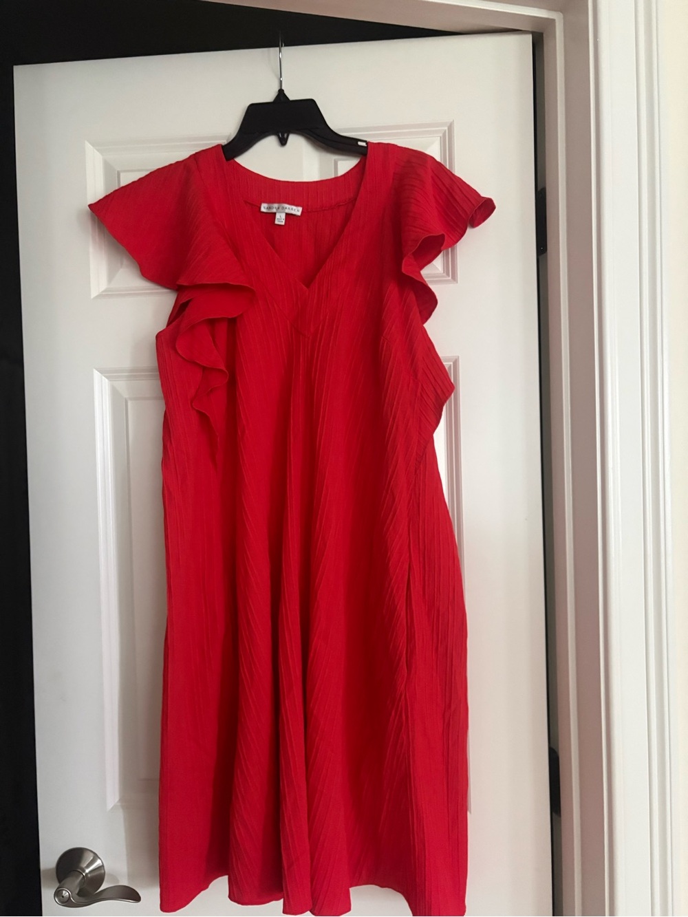 Sandra Darren Red Midi Dress with Ruffle Sleeves